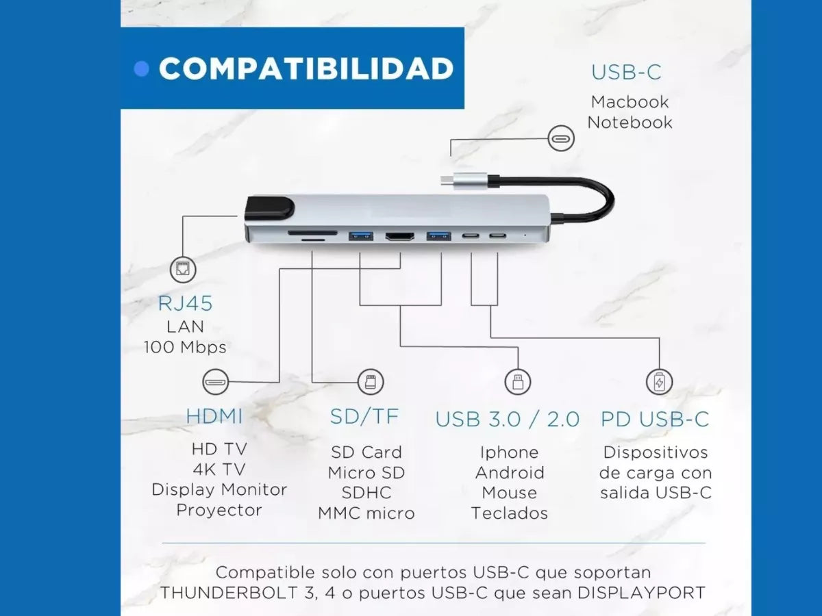 Hub Adaptador Usb Tipo C 8 En 1 Para Mac